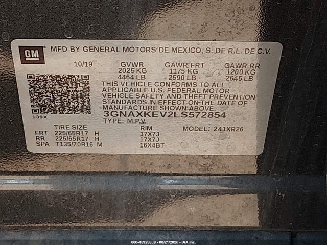 2020 Chevrolet Equinox Fwd Lt 1.5l Turbo მანქანა იყიდება აუქციონზე, vin: 3GNAXKEV2LS572854, აუქციონის ნომერი: 45928839