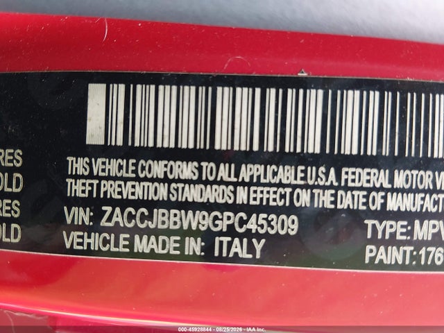 45928844 :رقم المزاد ، ZACCJBBW9GPC45309 vin ، 2016 Jeep Renegade Latitude مزاد بيع