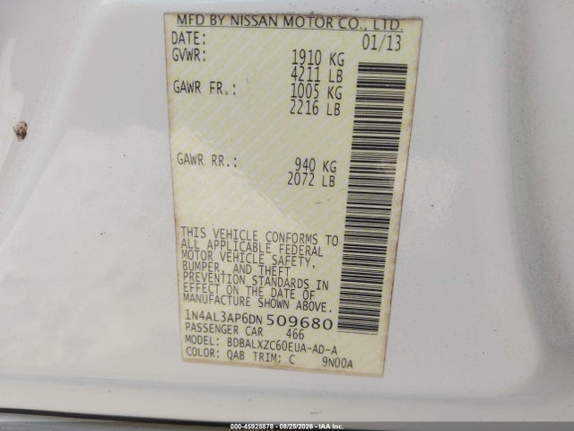 45928878 :رقم المزاد ، 1N4AL3AP6DN509680 vin ، 2013 Nissan Altima 2.5 Sl مزاد بيع