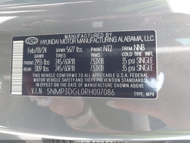 45928880 :رقم المزاد ، 5NMP3DGL0RH007086 vin ، 2024 Hyundai Santa Fe Xrt مزاد بيع