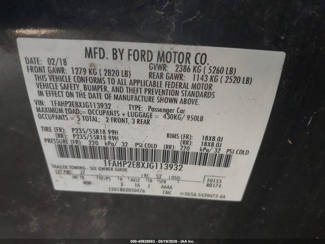 45928883 :رقم المزاد ، 1FAHP2E8XJG113932 vin ، 2018 Ford Taurus Sel مزاد بيع
