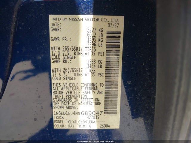 Aukcja sprzedaży 2022 Nissan Frontier Sv 4x2, vin: 1N6ED1EJ4NN689047, numer aukcji: 45928887