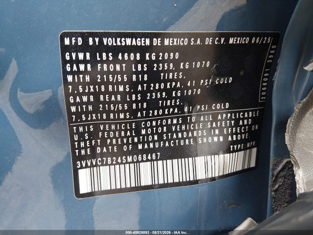 45928893 :رقم المزاد ، 3VVVC7B24SM068467 vin ، 2025 Volkswagen Taos 1.5t Se مزاد بيع
