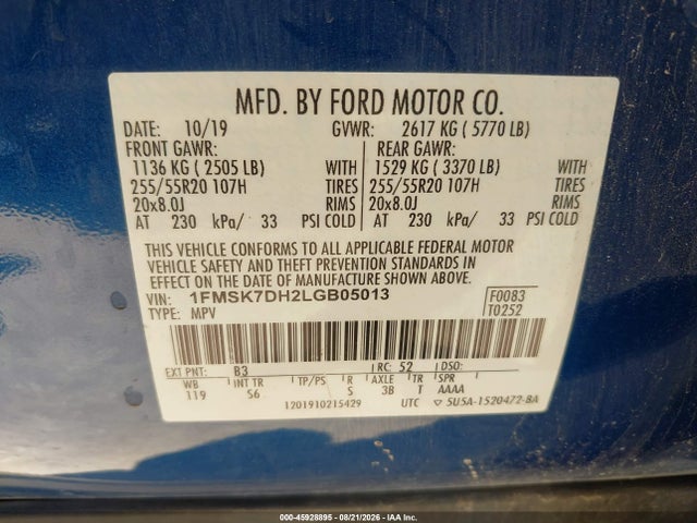 Aukcja sprzedaży 2020 Ford Explorer Xlt, vin: 1FMSK7DH2LGB05013, numer aukcji: 45928895