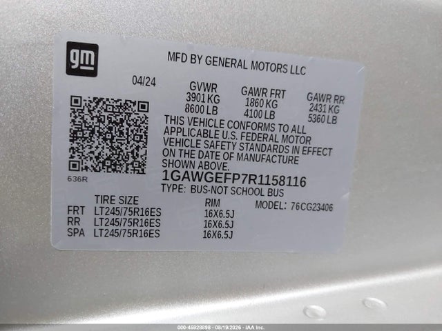 45928898 :رقم المزاد ، 1GAWGEFP7R1158116 vin ، 2024 Chevrolet Express Passenger Rwd 2500 Regular Wheelbase Ls مزاد بيع
