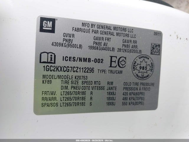 45928929 :رقم المزاد ، 1GC2KXCG7CZ112296 vin ، 2012 Chevrolet Silverado 2500hd Lt مزاد بيع