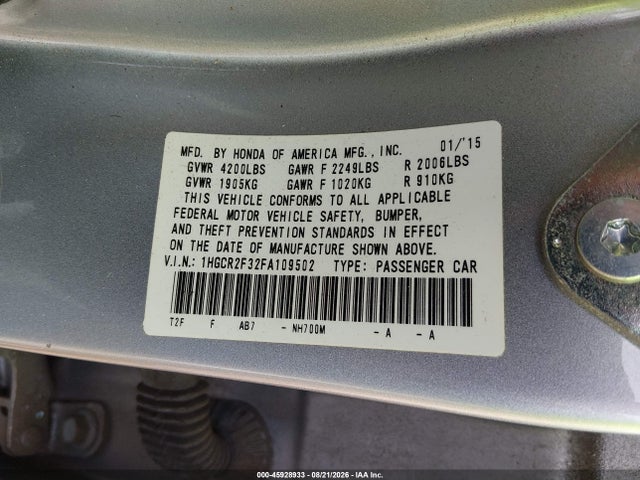 2015 Honda Accord Lx მანქანა იყიდება აუქციონზე, vin: 1HGCR2F32FA109502, აუქციონის ნომერი: 45928933