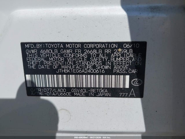 45928941 :رقم المزاد ، JTHBK1EG6A2400616 vin ، 2010 Lexus Es 350 مزاد بيع