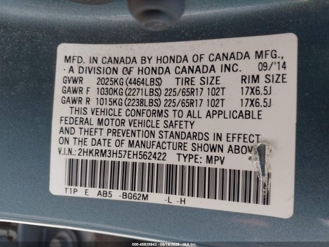 45928942 :رقم المزاد ، 2HKRM3H57EH562422 vin ، 2014 Honda Cr-v Ex مزاد بيع