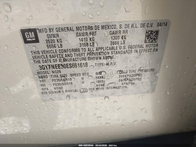 45928946 :رقم المزاد ، 3GYFNEE30ES651618 vin ، 2014 Cadillac Srx Luxury Collection مزاد بيع
