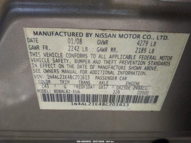 Aukcja sprzedaży 2008 Nissan Altima 2.5 S, vin: 1N4AL21E48C201613, numer aukcji: 45928952
