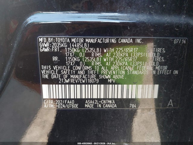 45928965 :رقم المزاد ، 2T3WFREV7EW118079 vin ، 2014 Toyota Rav4 Xle مزاد بيع