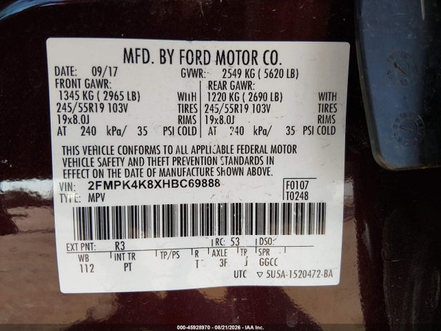 2017 Ford Edge Titanium მანქანა იყიდება აუქციონზე, vin: 2FMPK4K8XHBC69888, აუქციონის ნომერი: 45928970