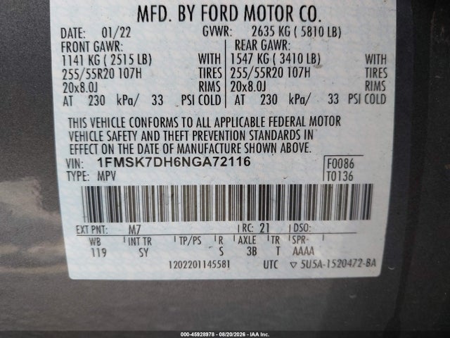 Продажа на аукционе авто 2022 Ford Explorer Xlt, vin: 1FMSK7DH6NGA72116, номер лота: 45928978
