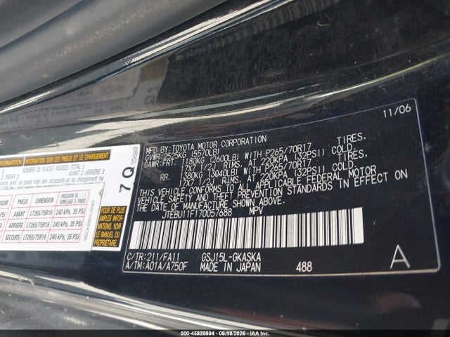 45928994 :رقم المزاد ، JTEBU11F170057688 vin ، 2007 Toyota Fj Cruiser مزاد بيع