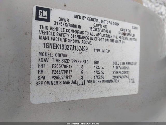 45928995 :رقم المزاد ، 1GNEK13027J137499 vin ، 2007 Chevrolet Tahoe Lt مزاد بيع