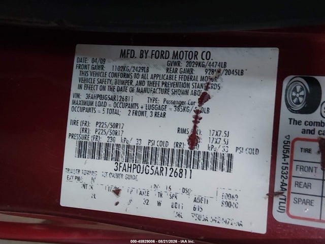 Продаж на аукціоні авто 2010 Ford Fusion Sel, vin: 3FAHP0JG5AR126811, номер лоту: 45929006