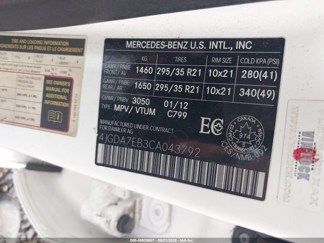 2012 Mercedes-benz Ml 63 Amg 4matic მანქანა იყიდება აუქციონზე, vin: 4JGDA7EB3CA043792, აუქციონის ნომერი: 45929007