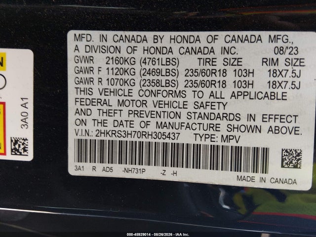2024 Honda Cr-v Ex-l 2wd მანქანა იყიდება აუქციონზე, vin: 2HKRS3H70RH305437, აუქციონის ნომერი: 45929014