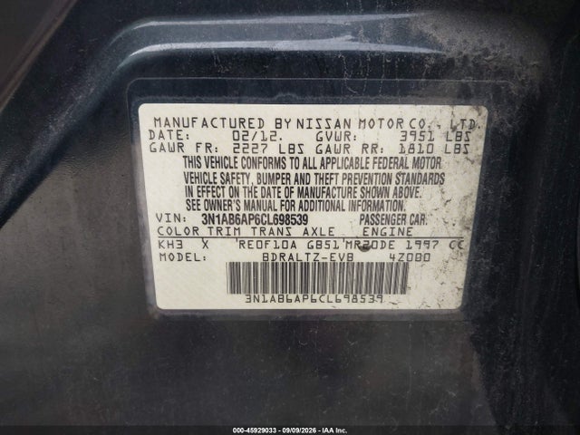 45929033 :رقم المزاد ، 3N1AB6AP6CL698539 vin ، 2012 Nissan Sentra 2.0 Sr مزاد بيع