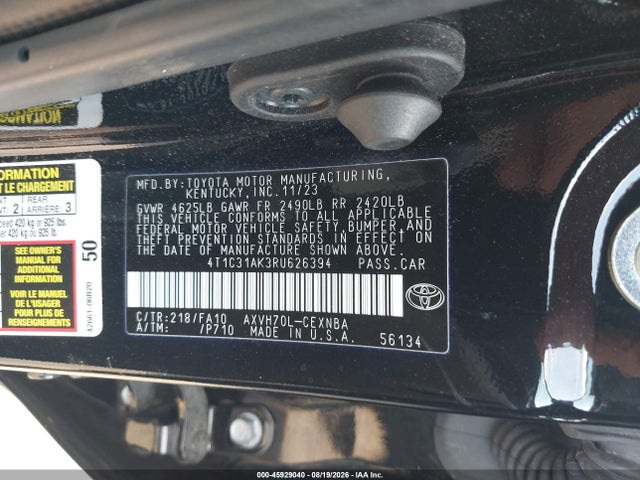 Aukcja sprzedaży 2024 Toyota Camry Hybrid Le, vin: 4T1C31AK3RU626394, numer aukcji: 45929040