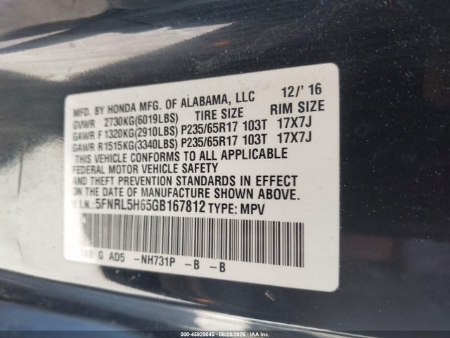 45929045 :رقم المزاد ، 5FNRL5H65GB167812 vin ، 2016 Honda Odyssey Ex-l مزاد بيع