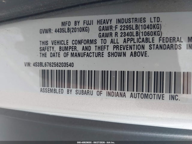 Продаж на аукціоні авто 2005 Subaru Legacy 2.5gt Limited, vin: 4S3BL676256203540, номер лоту: 45929055