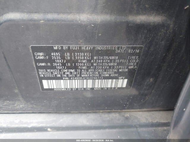 45929058 :رقم المزاد ، 4S4BSBJC3G3296773 vin ، 2016 Subaru Outback 2.5i Limited مزاد بيع