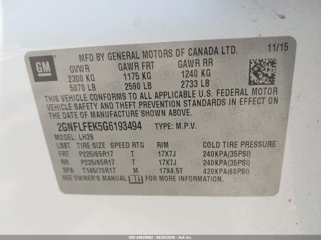 Продаж на аукціоні авто 2016 Chevrolet Equinox Lt, vin: 2GNFLFEK5G6193494, номер лоту: 45929062