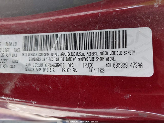 45929063 :رقم المزاد ، 1C6SRFBT2KN636411 vin ، 2019 Ram 1500 Big Horn/lone Star  4x4 6'4 Box مزاد بيع