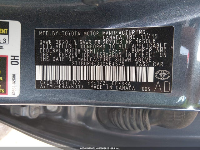 45929071 :رقم المزاد ، 2T1BURHE3GC564579 vin ، 2016 Toyota Corolla S Plus مزاد بيع