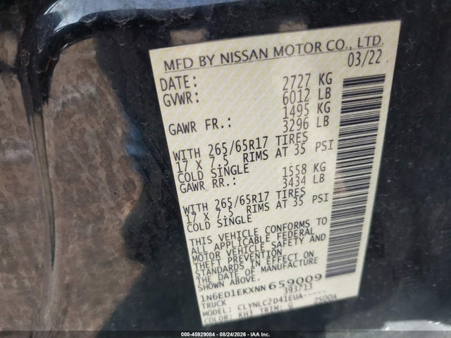 2022 Nissan Frontier Sv 4x4 მანქანა იყიდება აუქციონზე, vin: 1N6ED1EKXNN659009, აუქციონის ნომერი: 45929084