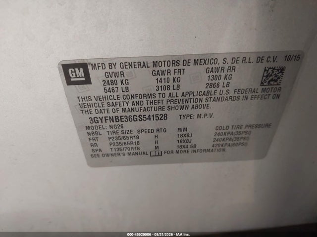 Aukcja sprzedaży 2016 Cadillac Srx Luxury Collection, vin: 3GYFNBE36GS541528, numer aukcji: 45929086