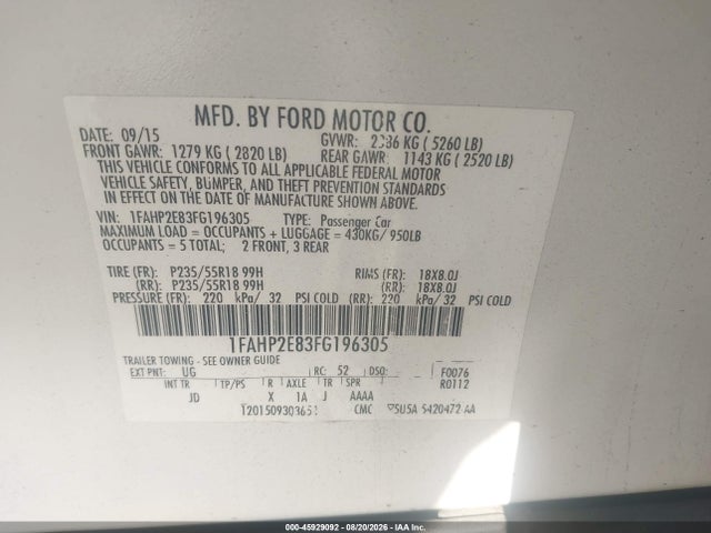 Продаж на аукціоні авто 2015 Ford Taurus Sel, vin: 1FAHP2E83FG196305, номер лоту: 45929092