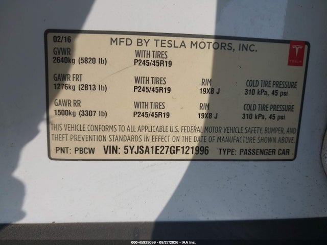 2016 Tesla Model S 60d/70d/75d/85d/90d მანქანა იყიდება აუქციონზე, vin: 5YJSA1E27GF121996, აუქციონის ნომერი: 45929099