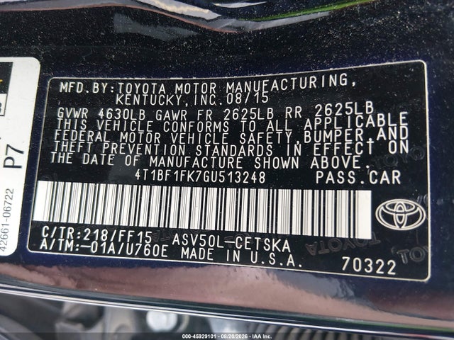 Продажа на аукционе авто 2016 Toyota Camry Se, vin: 4T1BF1FK7GU513248, номер лота: 45929101