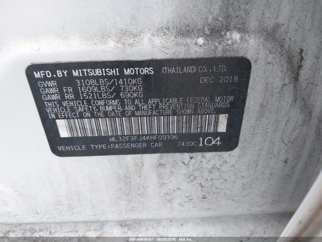 Aukcja sprzedaży 2019 Mitsubishi Mirage G4 Es, vin: ML32F3FJ4KHF09396, numer aukcji: 45929107