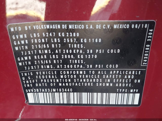 Продаж на аукціоні авто 2018 Volkswagen Tiguan 2.0t Se/2.0t Sel, vin: 3VV3B7AX3JM183440, номер лоту: 45929148