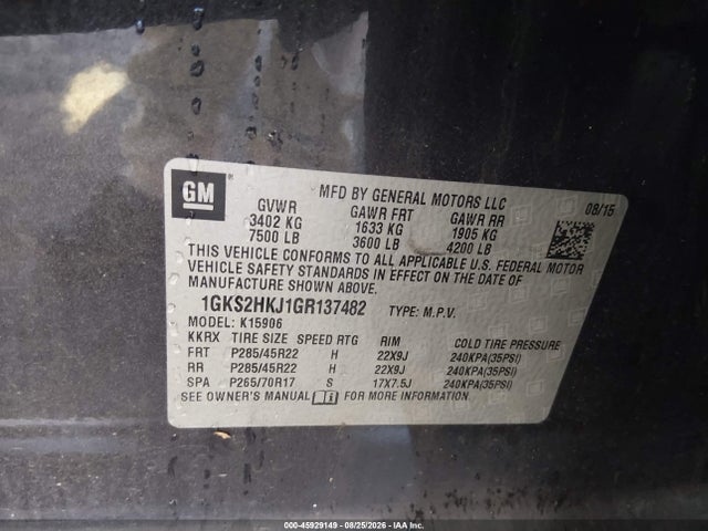 Aukcja sprzedaży 2016 Gmc Yukon Xl Denali, vin: 1GKS2HKJ1GR137482, numer aukcji: 45929149