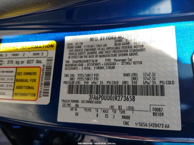 2018 Ford Fusion Hybrid S მანქანა იყიდება აუქციონზე, vin: 3FA6P0UU0JR273658, აუქციონის ნომერი: 45929160