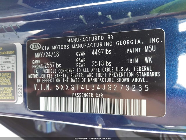 2018 Kia Optima Lx მანქანა იყიდება აუქციონზე, vin: 5XXGT4L34JG273235, აუქციონის ნომერი: 45929161