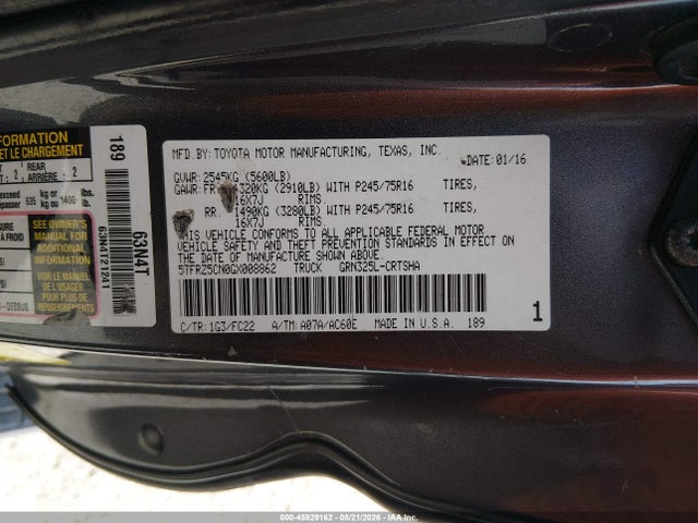 45929162 :رقم المزاد ، 5TFRZ5CN0GX008862 vin ، 2016 Toyota Tacoma Sr5 V6 مزاد بيع