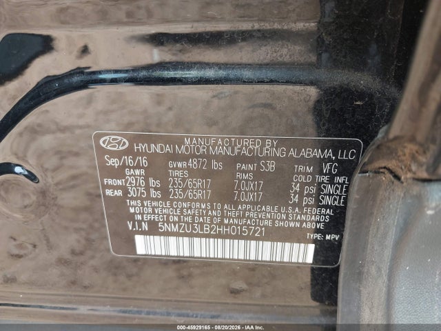 Aukcja sprzedaży 2017 Hyundai Santa Fe Sport 2.4l, vin: 5NMZU3LB2HH015721, numer aukcji: 45929165