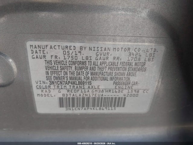 Nissan Versa 1.6 S+ 2019 3N1CN7AP4KL869115 Image 9