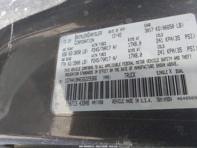 Aukcja sprzedaży 2003 Dodge Ram 1500 Slt/laramie/st, vin: 1D7HA18N63S229366, numer aukcji: 45929212