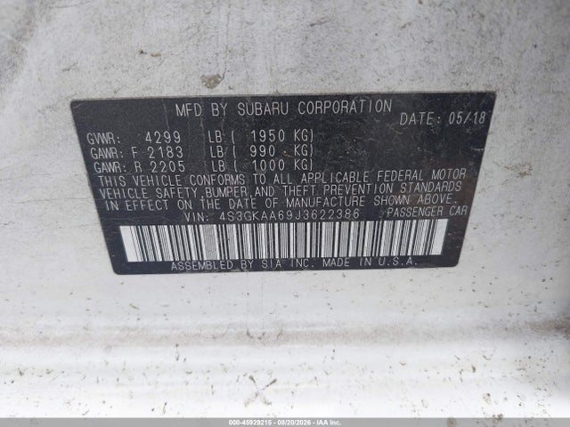 Aukcja sprzedaży 2018 Subaru Impreza 2.0i, vin: 4S3GKAA69J3622386, numer aukcji: 45929215