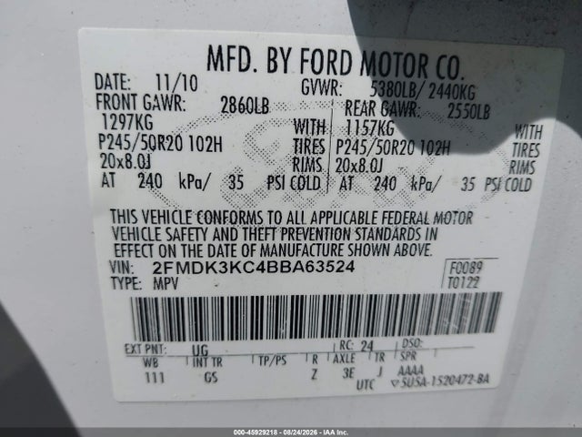 Aukcja sprzedaży 2011 Ford Edge Limited, vin: 2FMDK3KC4BBA63524, numer aukcji: 45929218