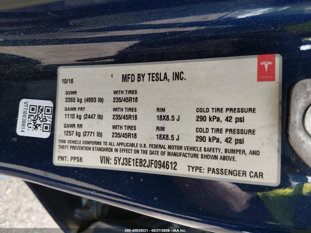 Tesla Model 3 Long Range/performance 2018 5YJ3E1EB2JF094612 Image 9
