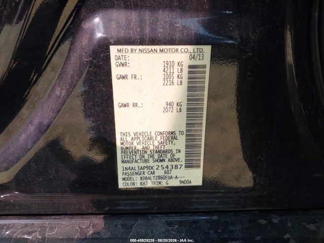 45929226 :رقم المزاد ، 1N4AL3AP9DC254387 vin ، 2013 Nissan Altima 2.5 Sv مزاد بيع