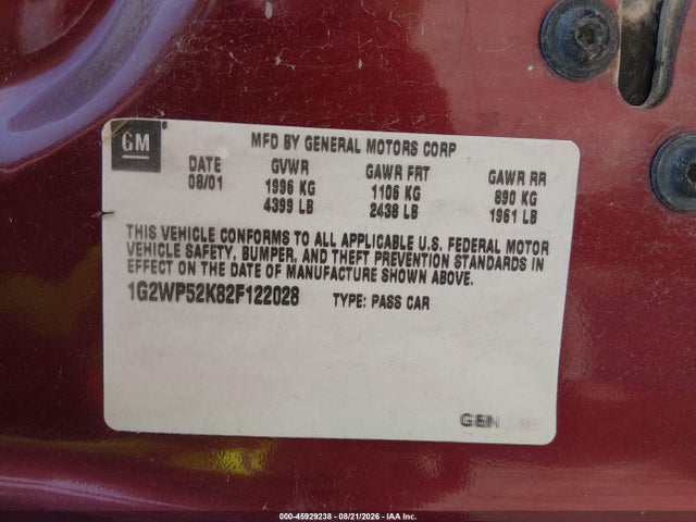 Aukcja sprzedaży 2002 Pontiac Grand Prix Gt, vin: 1G2WP52K82F122028, numer aukcji: 45929238